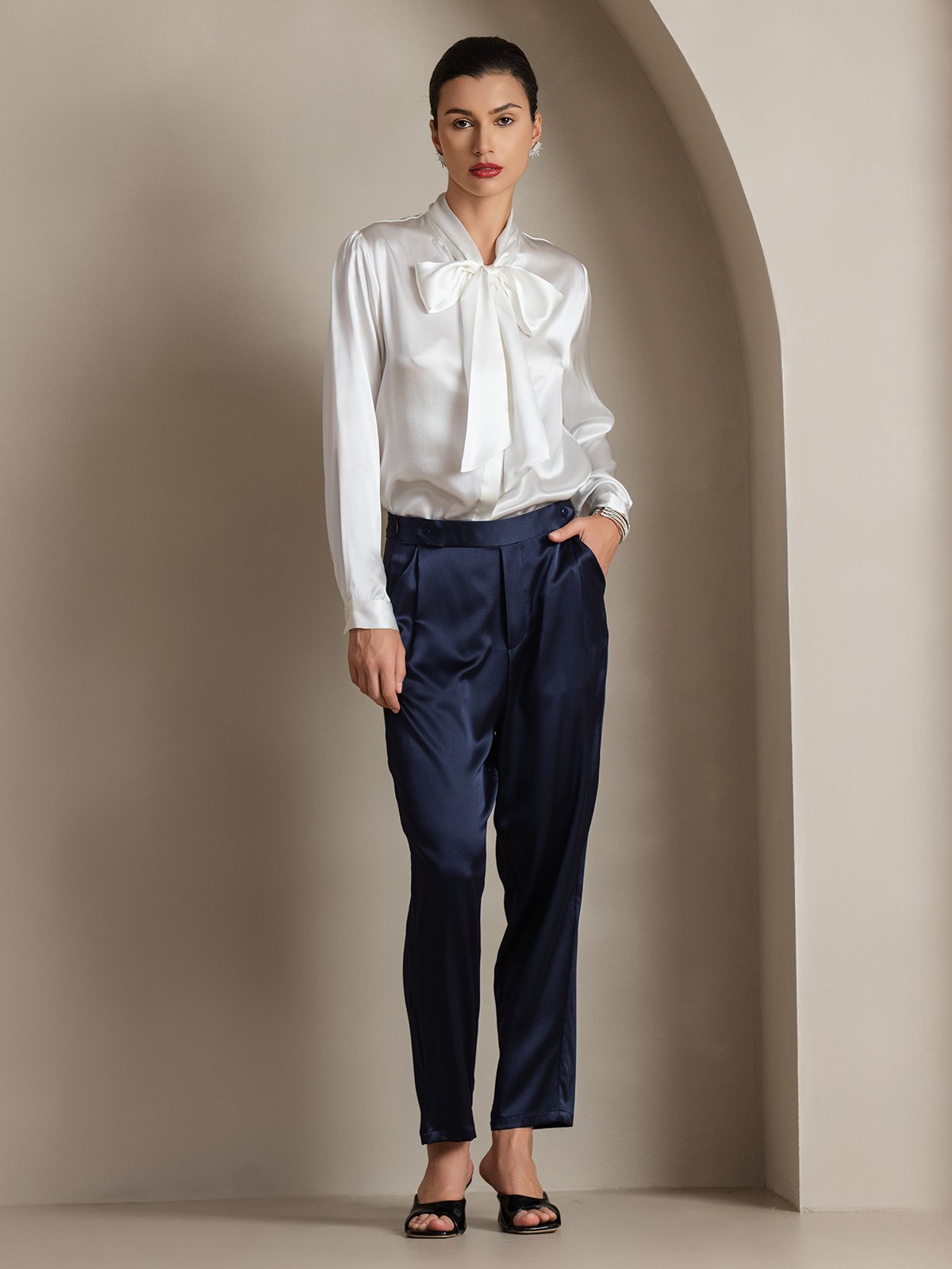 [White] SilkSilky 19Momme Silk Long Sleeve Tie Neck Women's Shirt 005