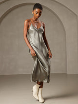 [Grayish Green] SilkSilky  Spaghetti Strap V Neck Nightgown 005