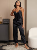 SilkSilky US Pure Silk Sleeveless V Neck Camisole Set Black 005