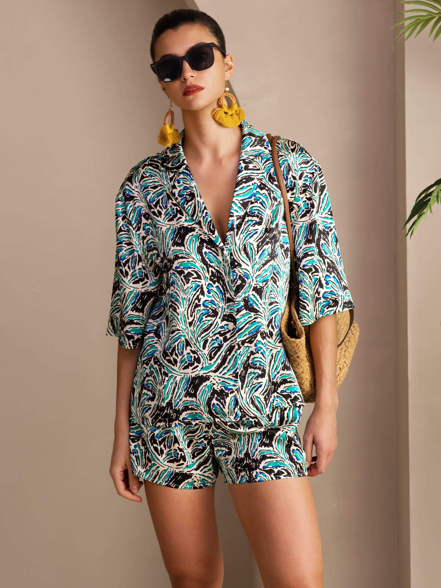 [Teal Botanical] SilkSilky Short Sleeve Notch Collar Women's Pajamas 001