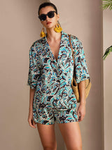 [Teal Botanical] SilkSilky Short Sleeve Notch Collar Women's Pajamas 001