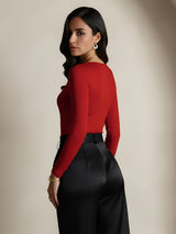[Wine] SilkSilky  Silk Jersey Long Sleeve Round Neck Women's T-Shirt 002