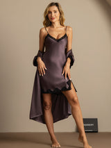 [Purple Gray] SilkSilky  Half Sleeve V Neck Nightgown&Robe Set 005
