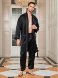 SilkSilky US Pure Silk 3/4 Sleeve Deep V Neck Men's Robe Black 006