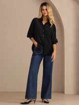 [Black] SilkSilky Long Sleeve Lapel Collar Women's Shirt 007