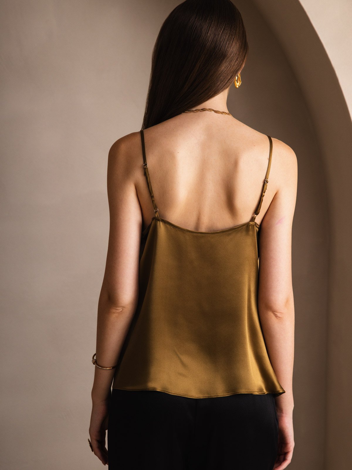[Brown] SilkSilky  19Momme Stretch Silk Charmeuse Spaghetti Strap Cowl Neck Camisole Top 002