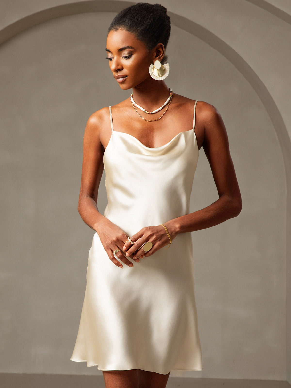 [Light Yellow] SilkSilky  Pure Silk Cowl Neck Dress 004