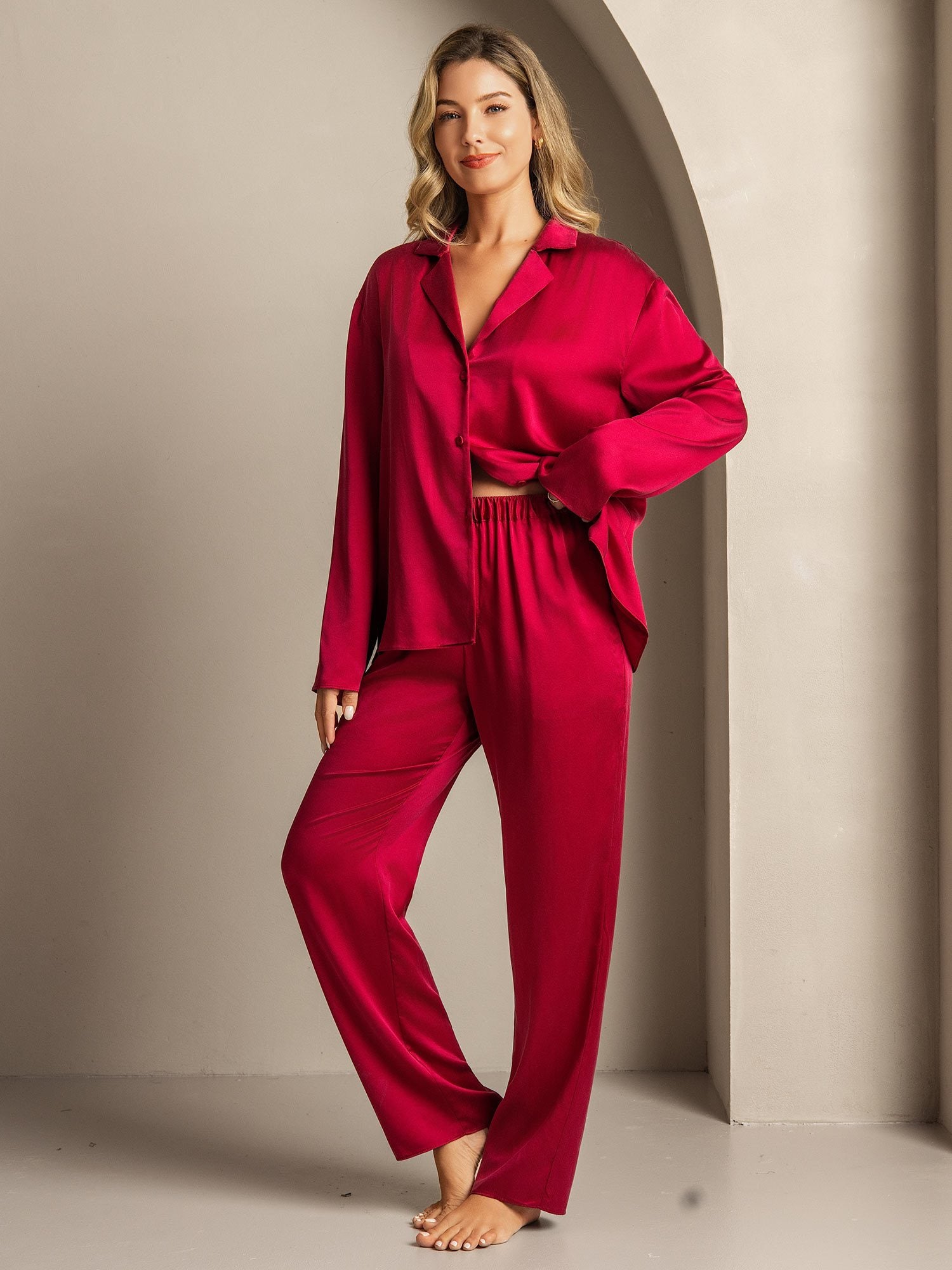 [Wine] SilkSilky 19Momme Silk Notched Neck Women's Pajamas 004