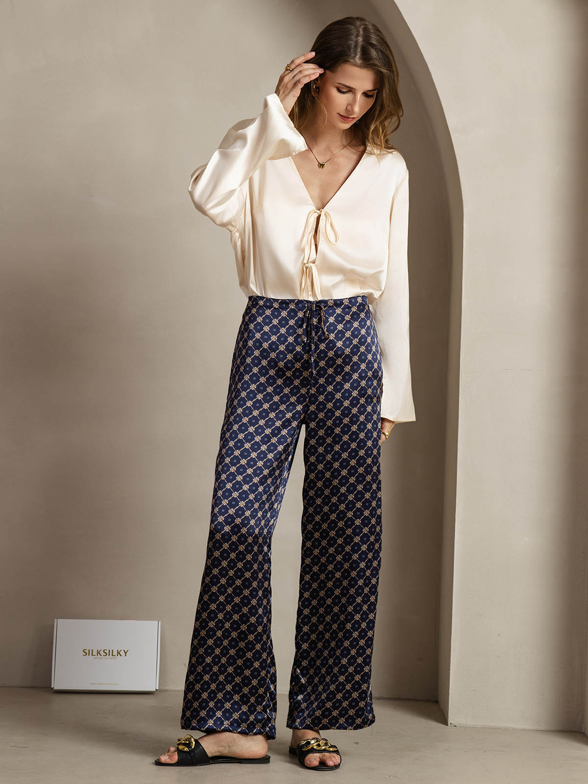 [Navy Chain] SilkSilky  19Momme Silk Womens Pants 003