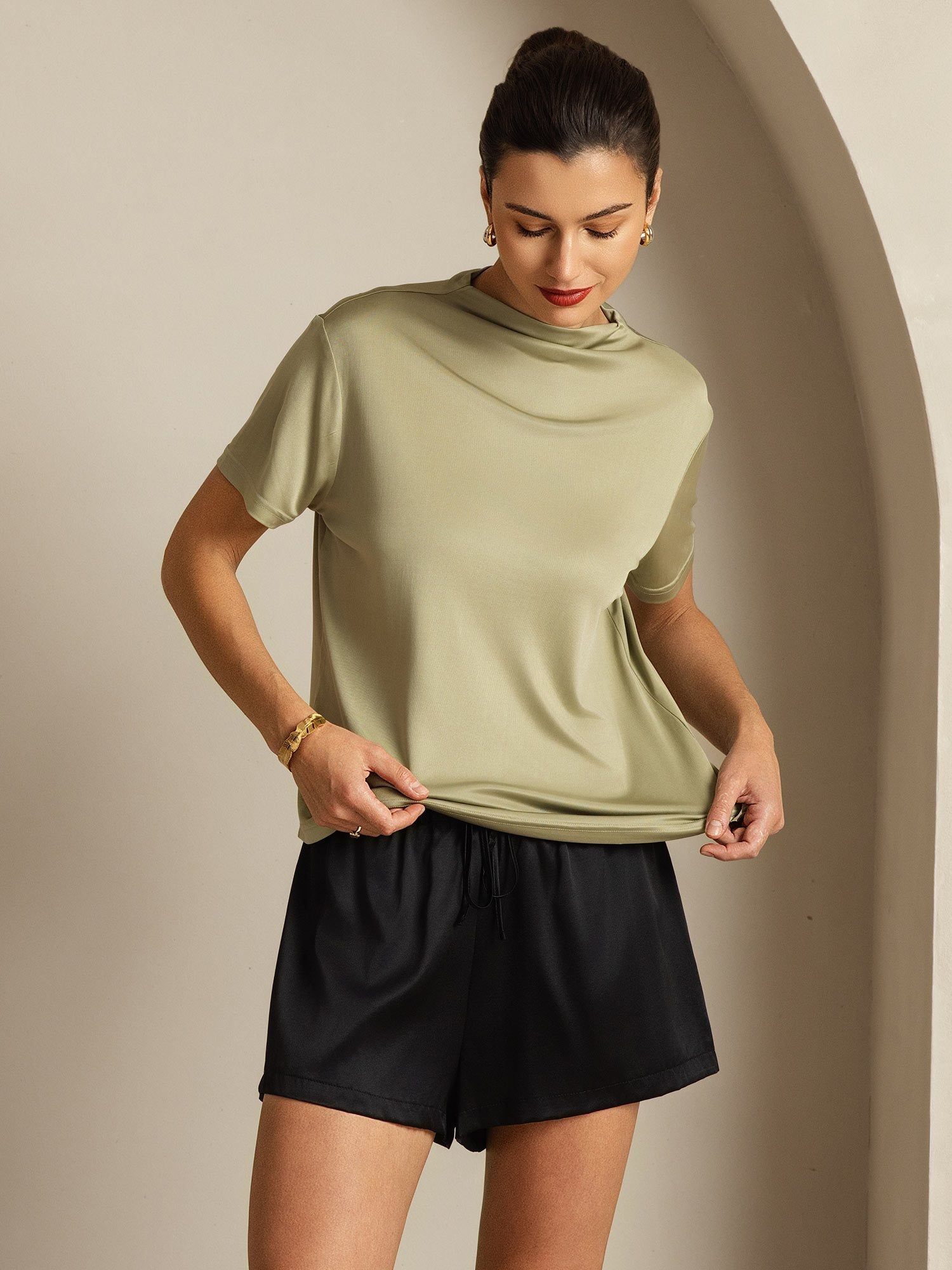 [Dried Herb] SilkSilky  Pure Silk Collar Women's T-Shirt 007