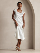 [White] SilkSilky  19Momme Stretch Silk Charmeuse Cap Sleeve Scoop Neck Dress 001