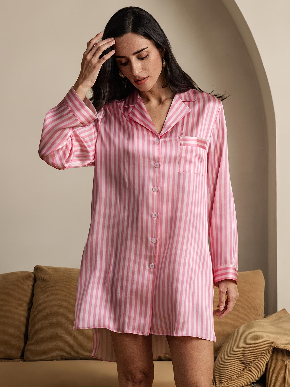 SilkSilky  Pure Silk Long Sleeve Lapel Nightshirt Pink 005