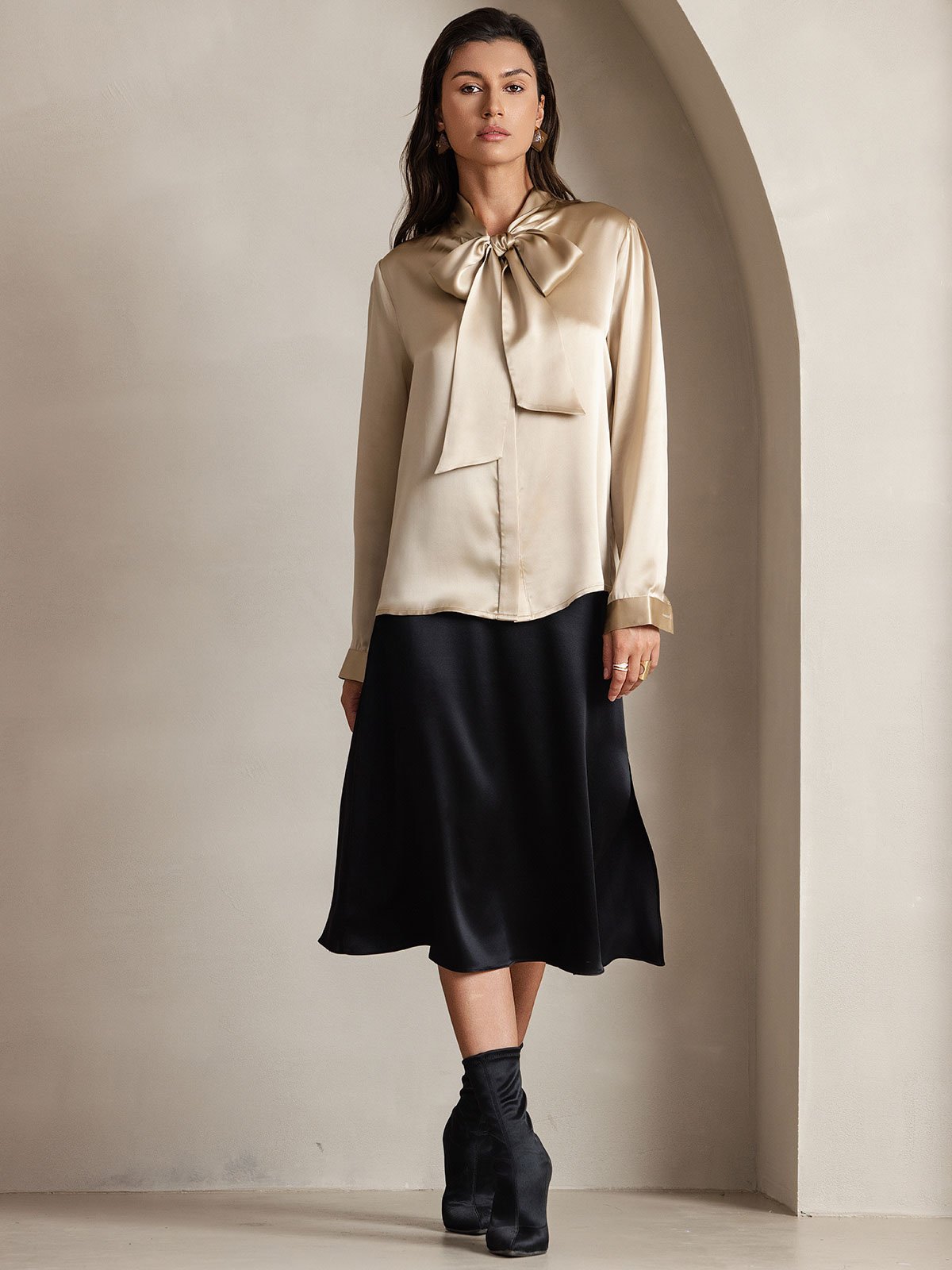 [Champagne] SilkSilky 19Momme Silk Long Sleeve Tie Neck Women's Shirt 005