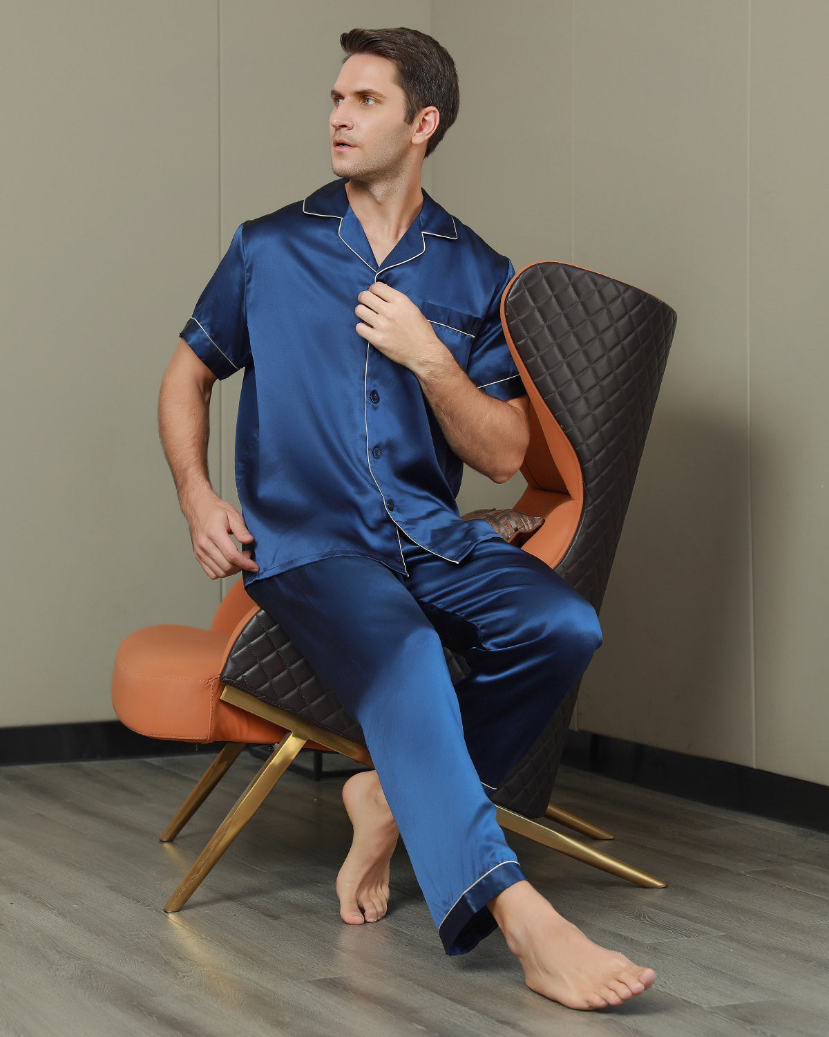 SilkSilky  Pure Silk Short Sleeve Lapel Men's Pajamas DarkBlue 006