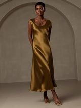 [Brown] SilkSilky  19Momme Stretch Silk Charmeuse Cap Sleeve Scoop Neck Dress 007