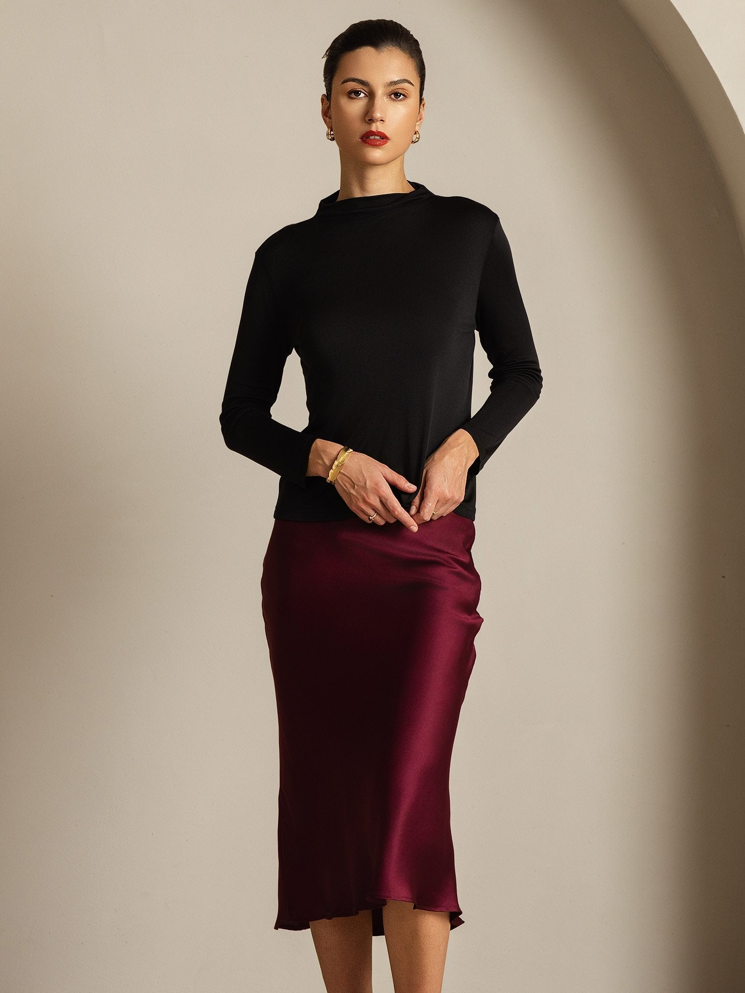 [Black] SilkSilky  Pure Silk High Neck Women's T-Shirt 007
