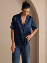 [Dark Blue] SilkSilky  Short Sleeve Notch Collar Women's Shirt 005