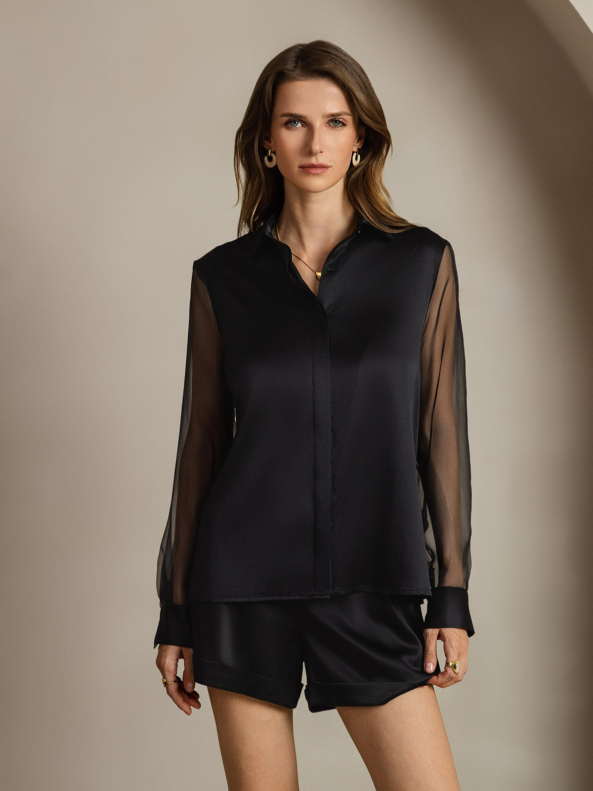 [Black] SilkSilky  19Momme Silk Lapel Collar Women's Shirt 001
