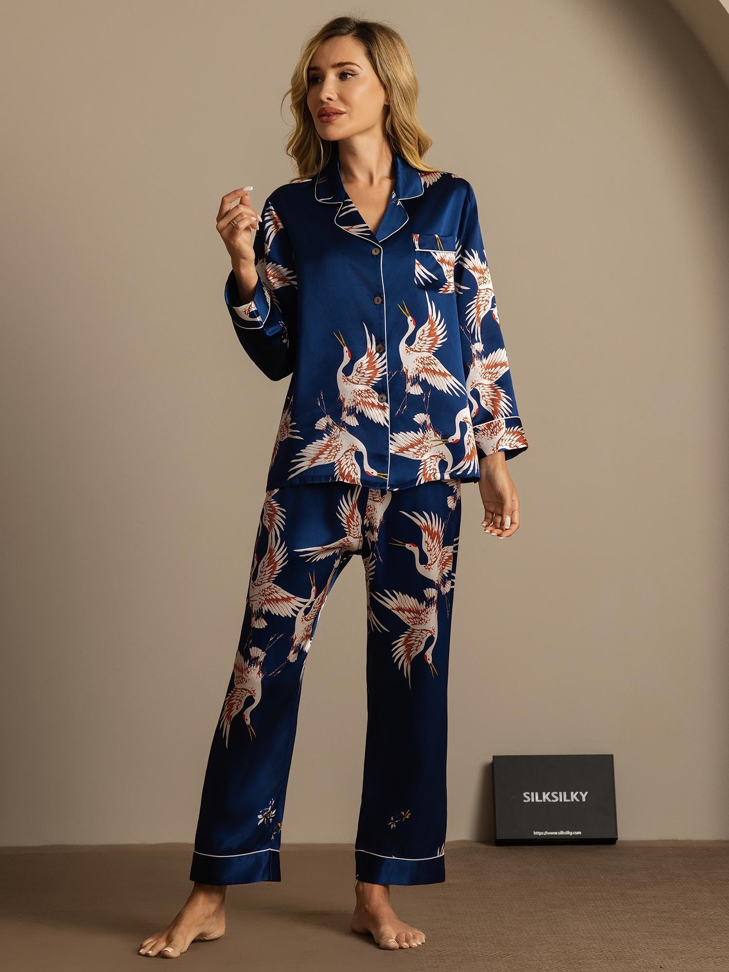[Dark Blue] SilkSilky  19Momme Pure Silk Notch Collar Women's Pajamas 003,
