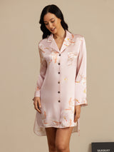 [Pink] SilkSilky  19Momme Long Sleeve Notch Collar Nightshirt 003