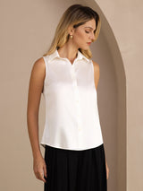 [White] SilkSilky  Sleeveless Lapel Collar Women's Shirt 001