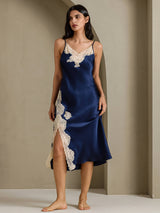 [Dark Blue] SilkSilky  Spaghetti Strap V Neck Nightgown 003