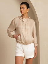 [Tan] SilkSilky 18Momme Silk Satin Surah Long Sleeve Stand Collar Women's Outerwear 001