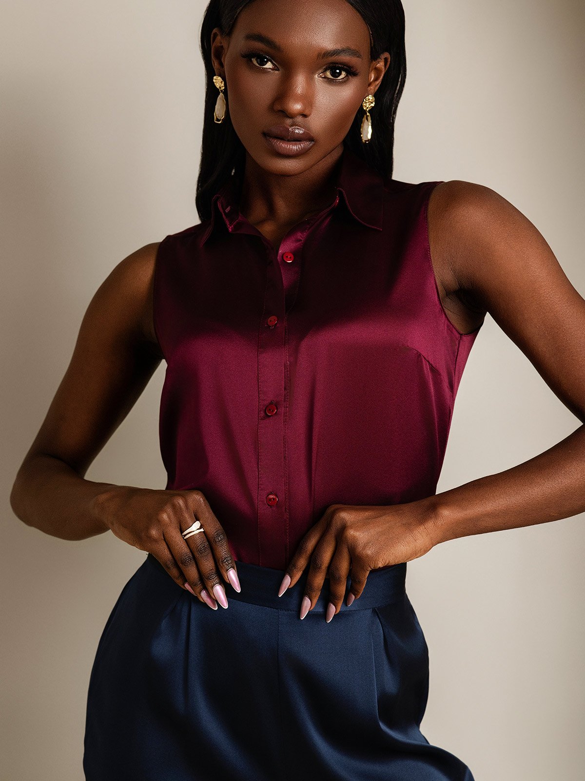 SilkSilky 19Momme Silk Sleeveless Collar Women's Shirt DarkRed 003
