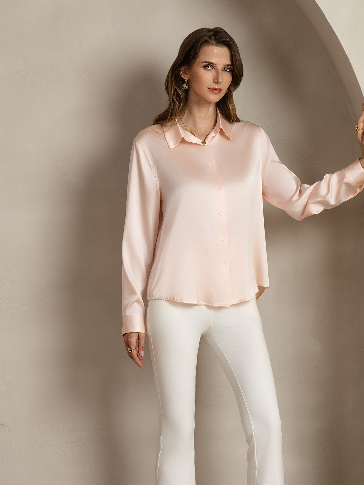 [Light Pink] SilkSilky  Silk Lapel Collar Women's Shirt 007