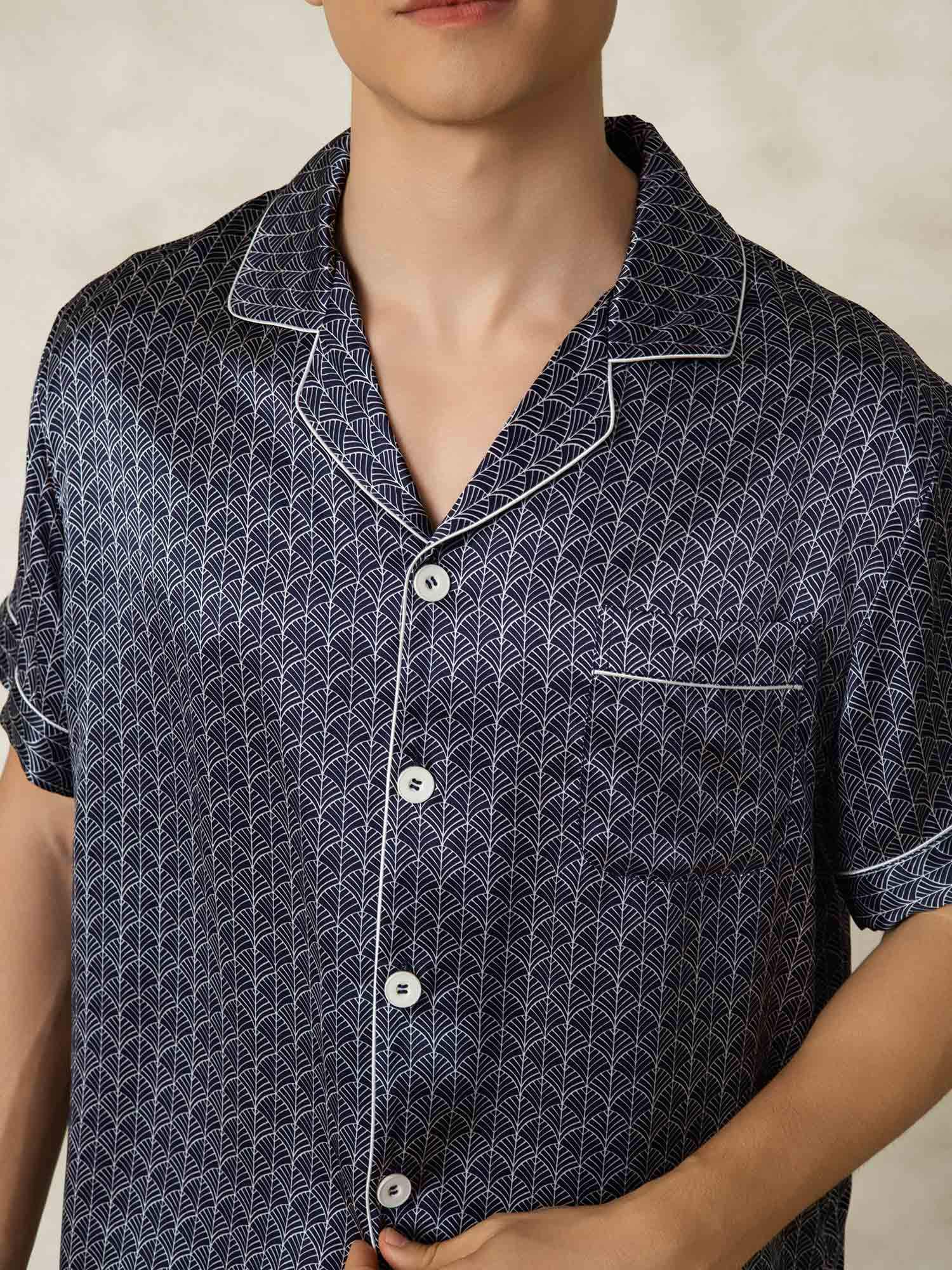 [NavyGinkgo] SilkSilky Pure Silk Lapel Collar Men's Pajamas 007