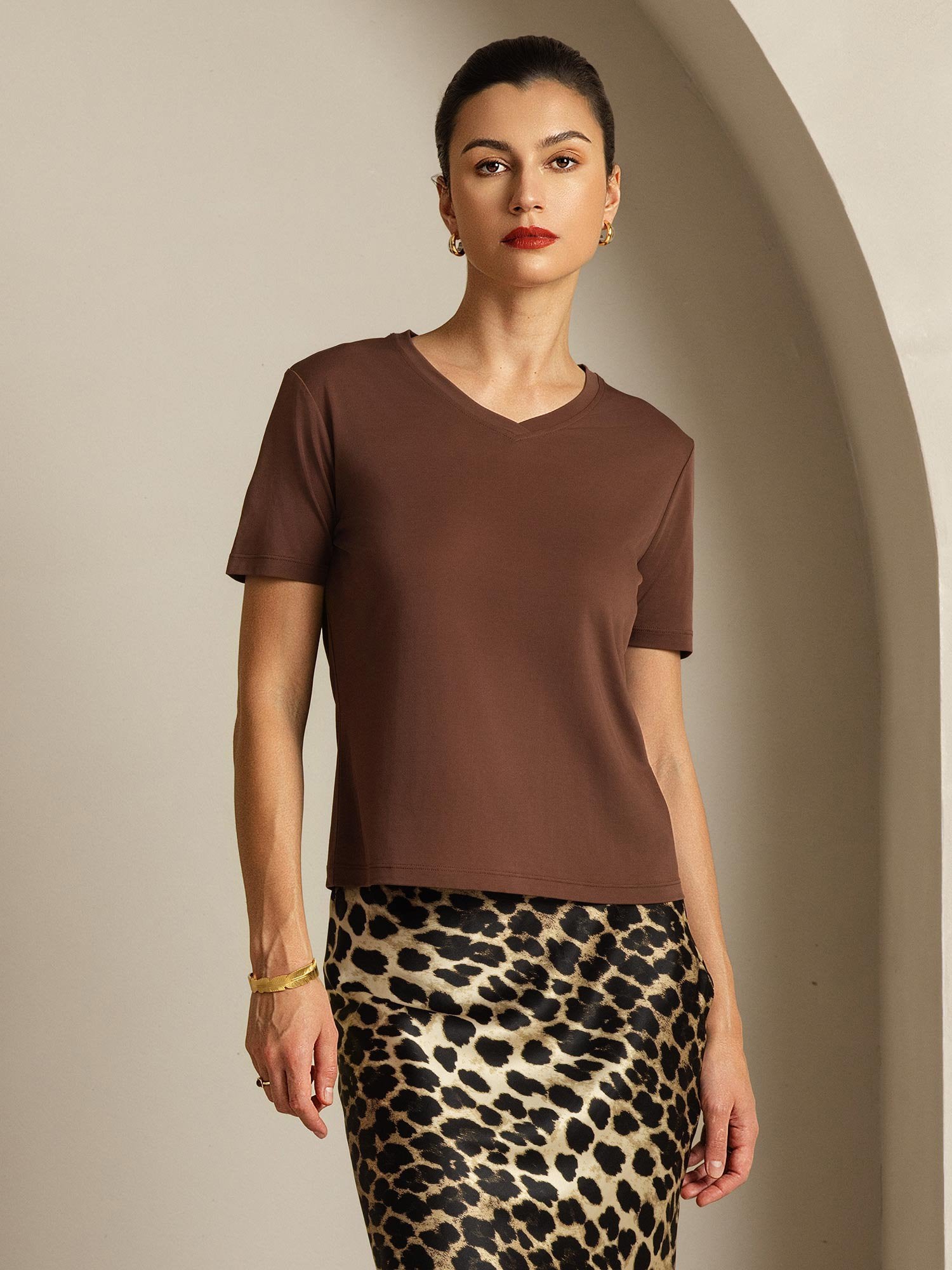 [Coffee] SilkSilky Pure Silk V Neck Women's T-Shirt 001