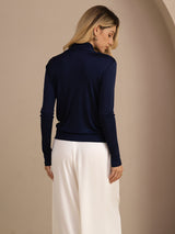 [Dark Blue] SilkSilky  Long Sleeve Wrap Women's Blouse 002