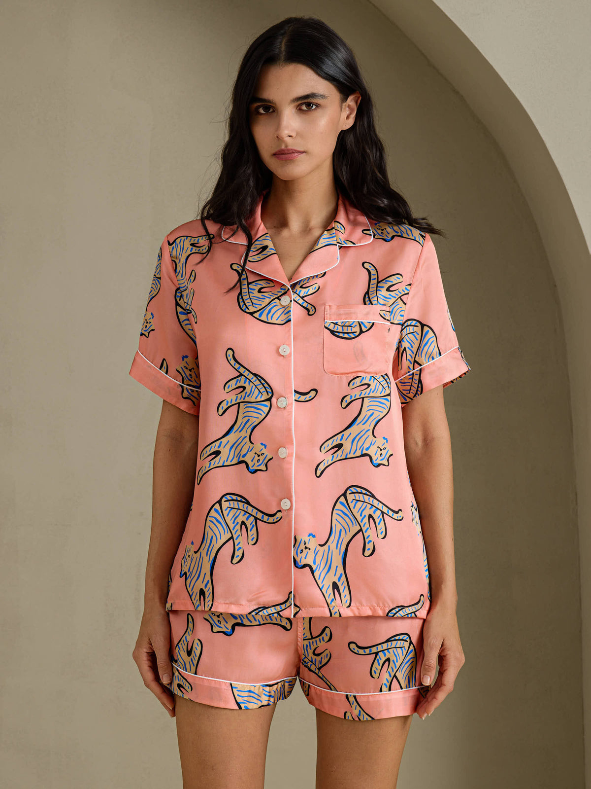 [Pink Cat] SilkSilky  Short Sleeve Lapel Collar Women's Pajamas 001