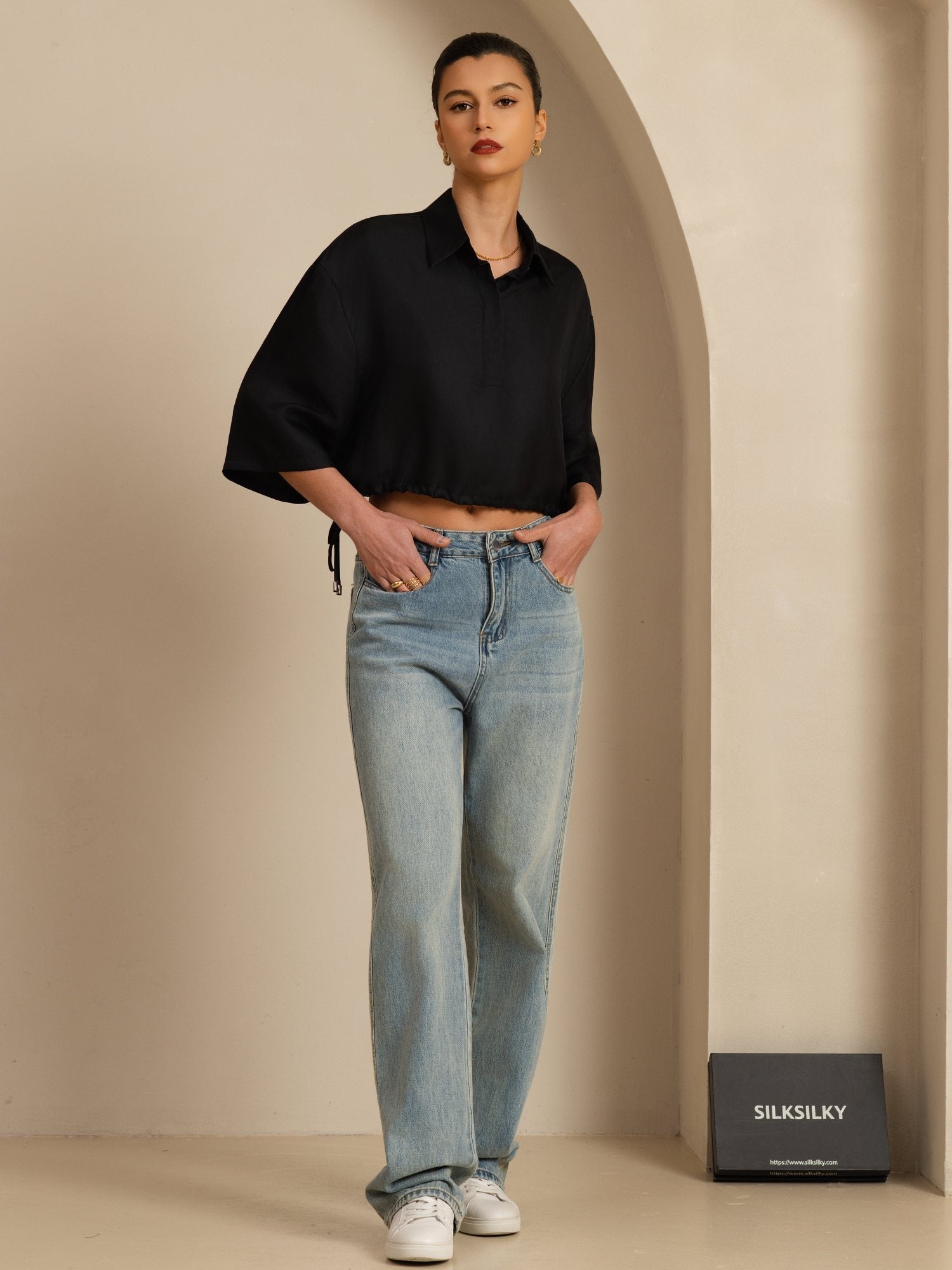 [Black] SilkSilky  18Momme Silk Satin Surah Half Sleeve Lapel Collar Blouse 007