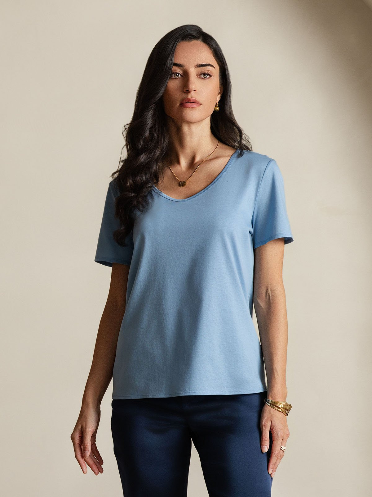 SilkSilky Silk Blend Short Sleeve V Neck Women's T-Shirt Blue 004