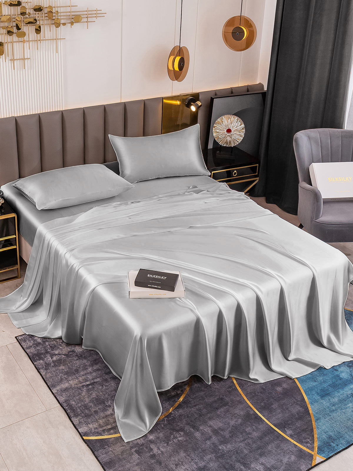 SilkSilky US 19Momme Pure Silk Bedding Set Silver 001