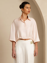 [Pink] SilkSilky  18Momme Silk Satin Surah Half Sleeve Lapel Collar Blouse 001