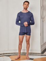 [Dark Blue] SilkSilky  100% Silk Jersey Long Sleeve Round Neck Men's T-Shirt 005