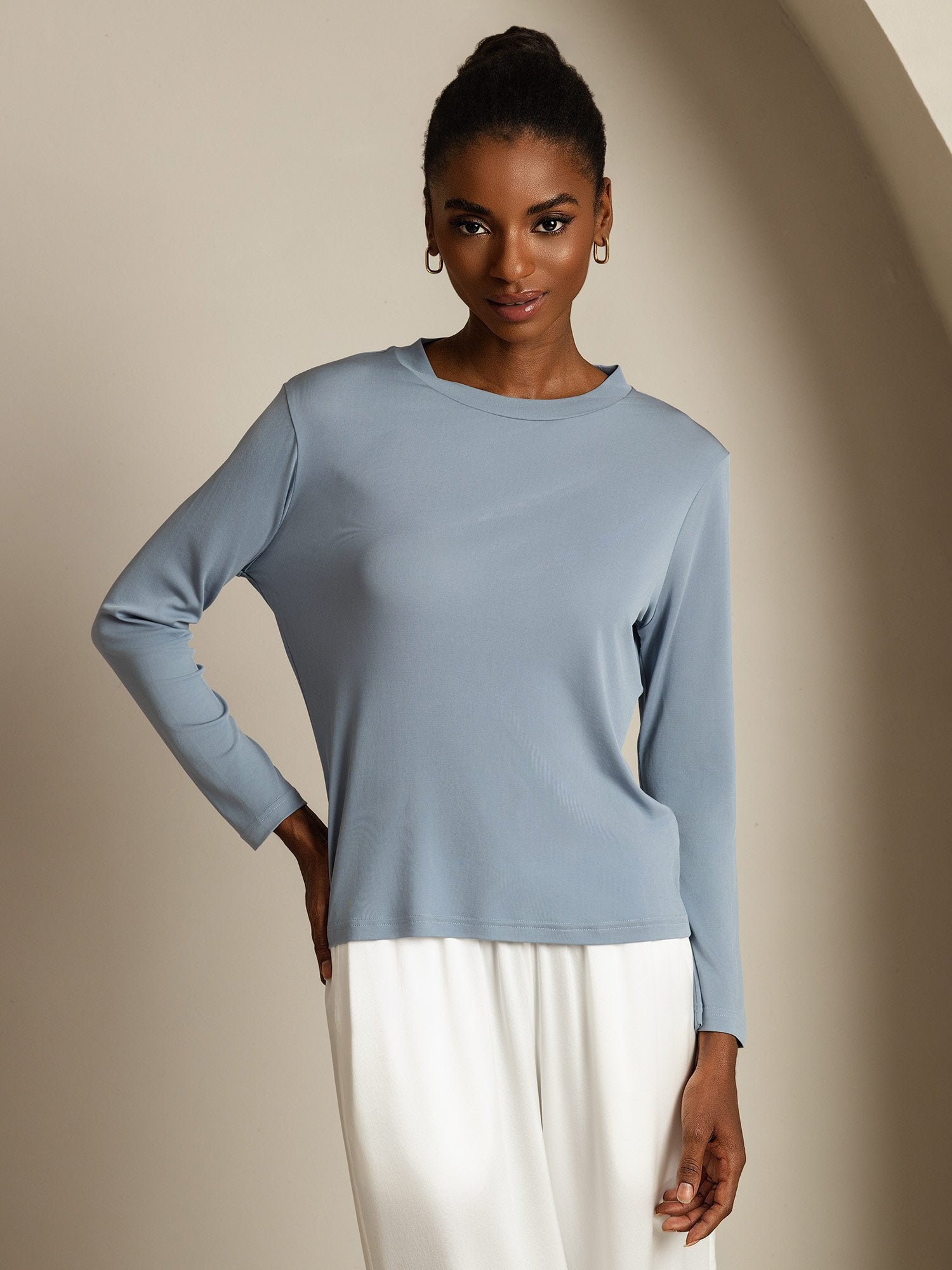 [GrayishBlue] SilkSilky Pure Silk Round Neck Women's T-Shirt 003