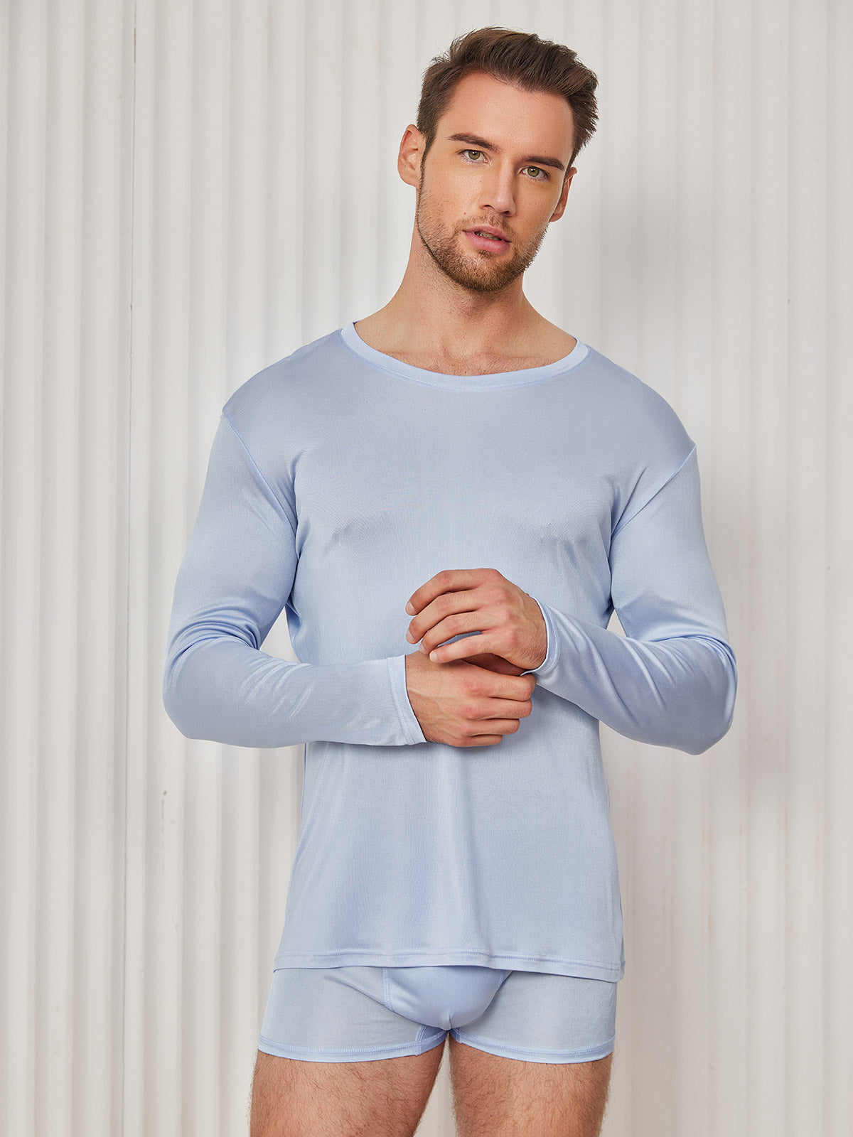 SilkSilky US Silk Knitted Long Sleeve Round Neck Men's T Shirt LightBlue 004