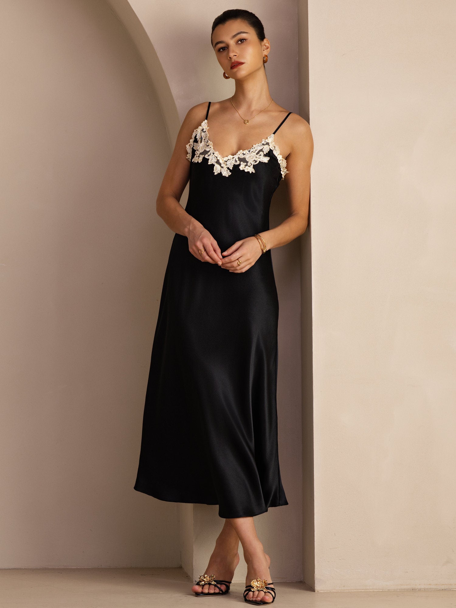 black silk dress with lace SilkSilky 100% Mulberry Silk Spaghetti Strap V Neck Midi Dress with Lace V-Back Design, Black / XL