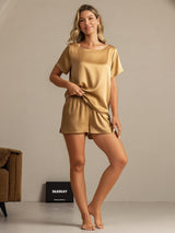 [Tan] SilkSilky  Short Sleeve Round Neck Women's Pajamas 005