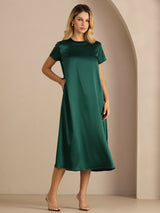 [Dark Green] SilkSilky Short Sleeve Round Neck Dress 003