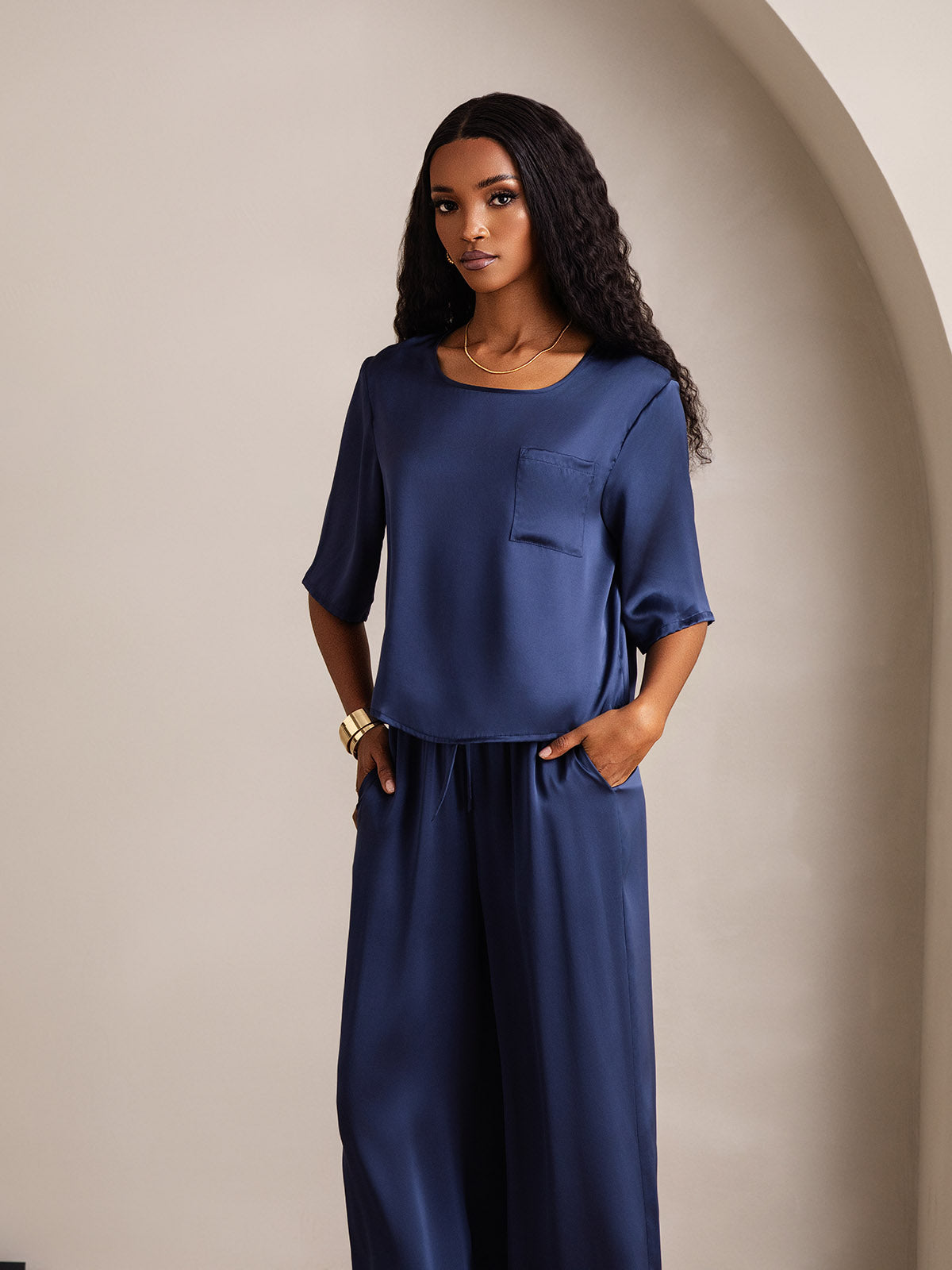[Dark Blue] SilkSilky  Pure Silk Round Neck Women's Pajamas 003