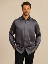 [Dark Gray] SilkSilky 19Momme Stretch Silk Charmeuse Long Sleeve Lapel Collar Men's Shirt 003