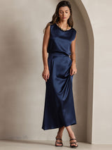 [Dark Blue] SilkSilky  19Momme Stretch Silk Charmeuse Skirt 008