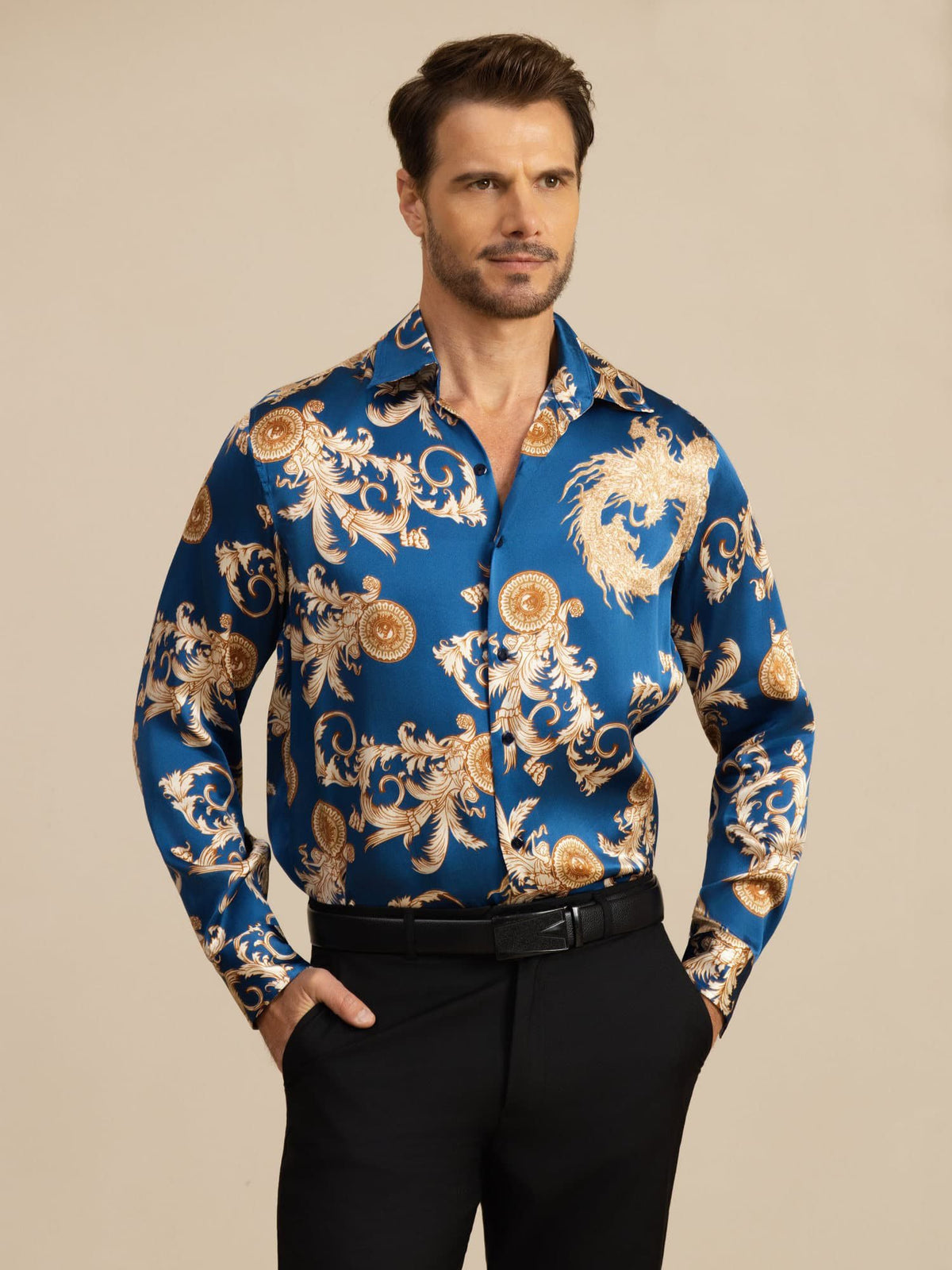 [Navy Dragon] SilkSilky Long Sleeve Lapel Collar Men's Shirt 001