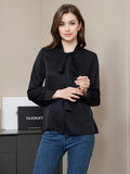 SilkSilky US 19Momme Silk Blend Long Sleeve Tie Neck Women's Shirt Black 004