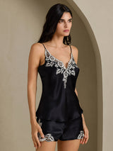 [Black] SilkSilky  Spaghetti Strap V Neck Camisole Set 001