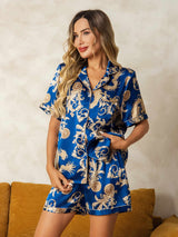 [Navy Dragon] SilkSilky  Short Sleeve Notch Collar Women's Pajamas 001